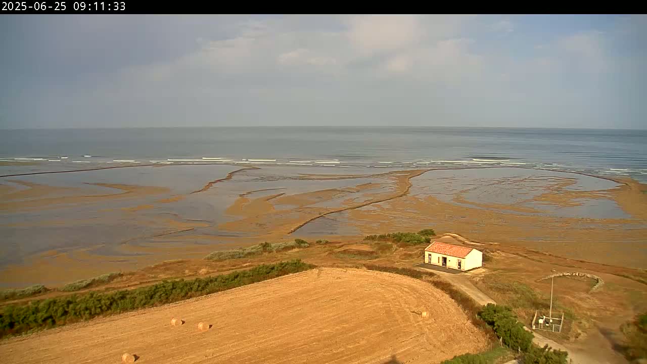 A small, single-story house sits on a brown field near a coastline with a calm ocean under a mostly cloudy sky.