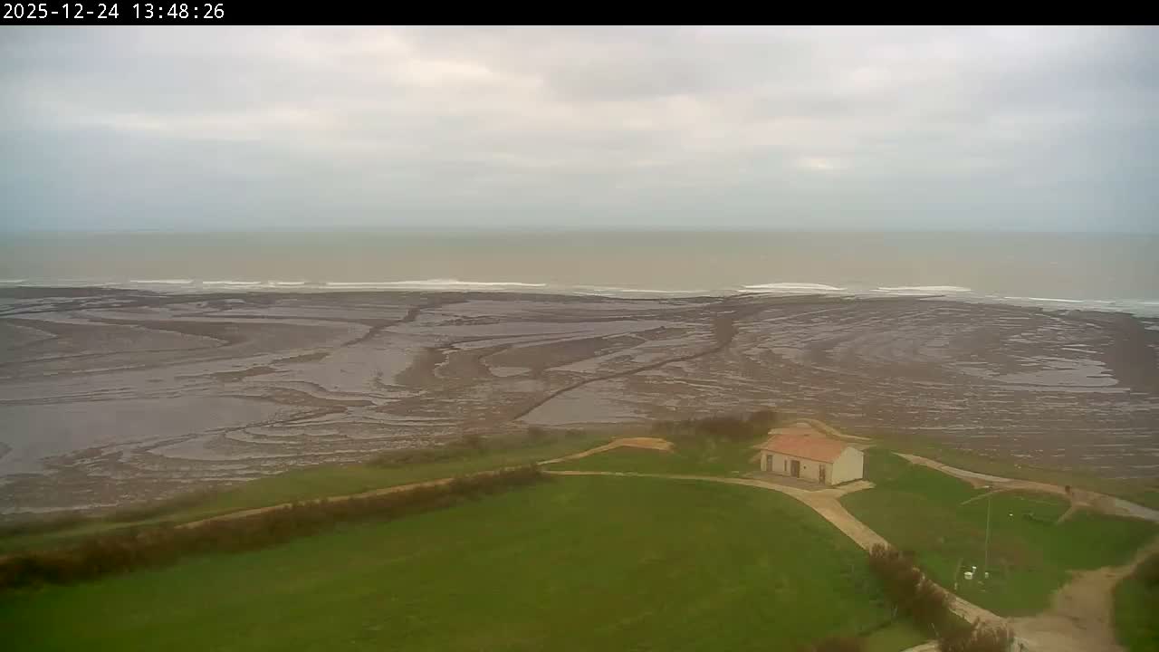 Under a clear and sunny sky with scattered white clouds, a white building with an orange roof sits on a green, grassy coastal bluff overlooking a vast, wavy ocean.