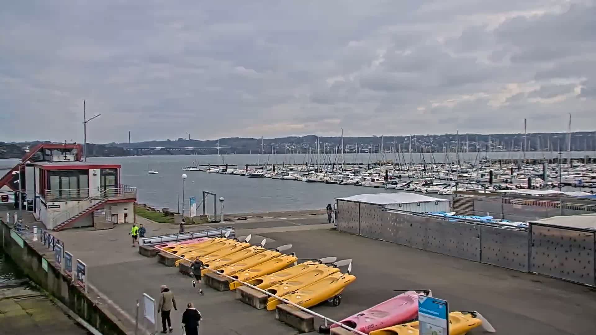 A marina with numerous boats, kayaks, and a small building is shown under a cloudy sky.