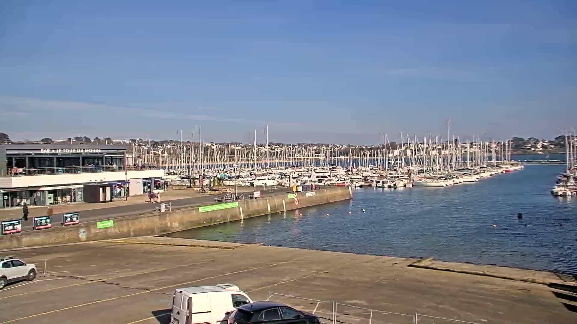 A marina filled with sailboats under a clear, sunny sky, with a building and parking lot in the foreground.