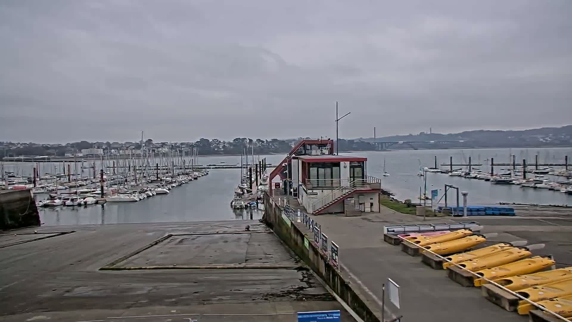 A marina with numerous sailboats moored in calm waters under an overcast sky, featuring a small building with stairs and a collection of kayaks on the shore.