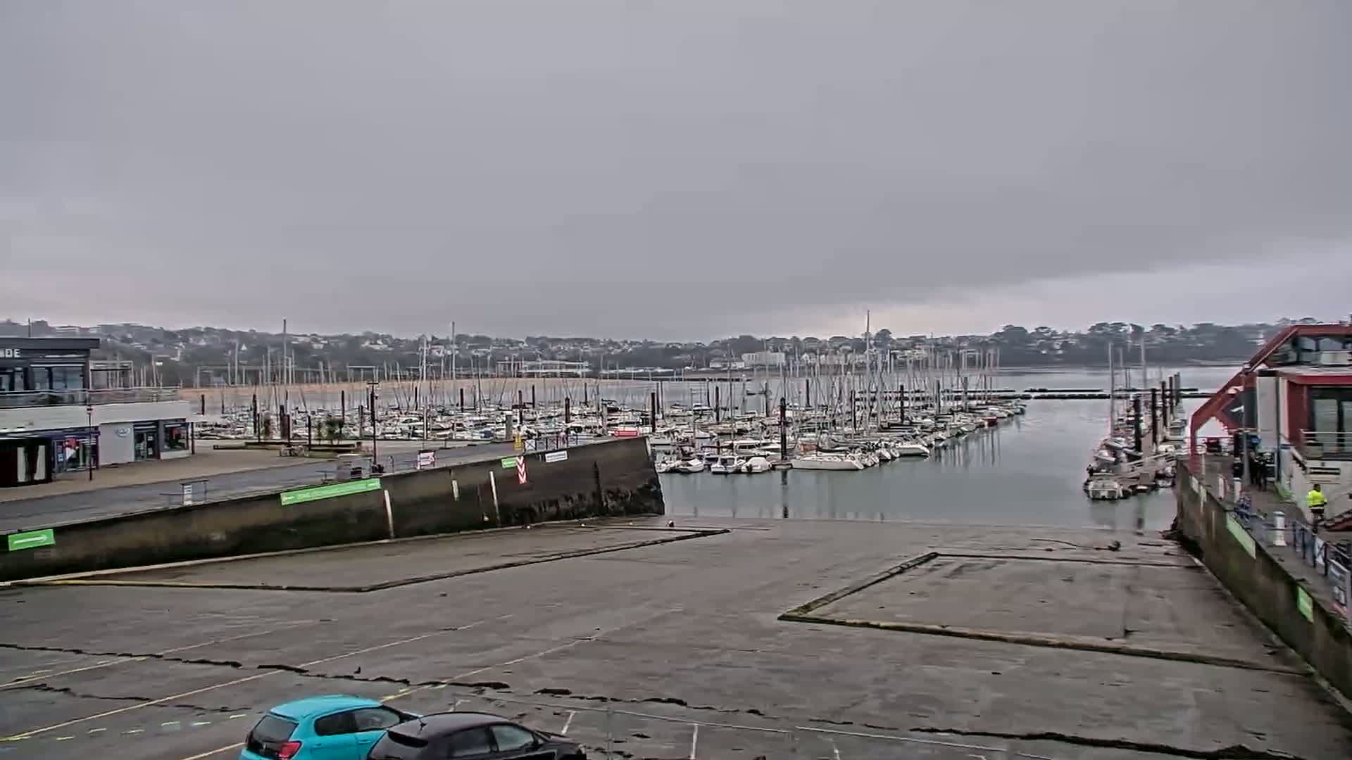 A marina filled with sailboats is viewed from a paved area on an overcast day.