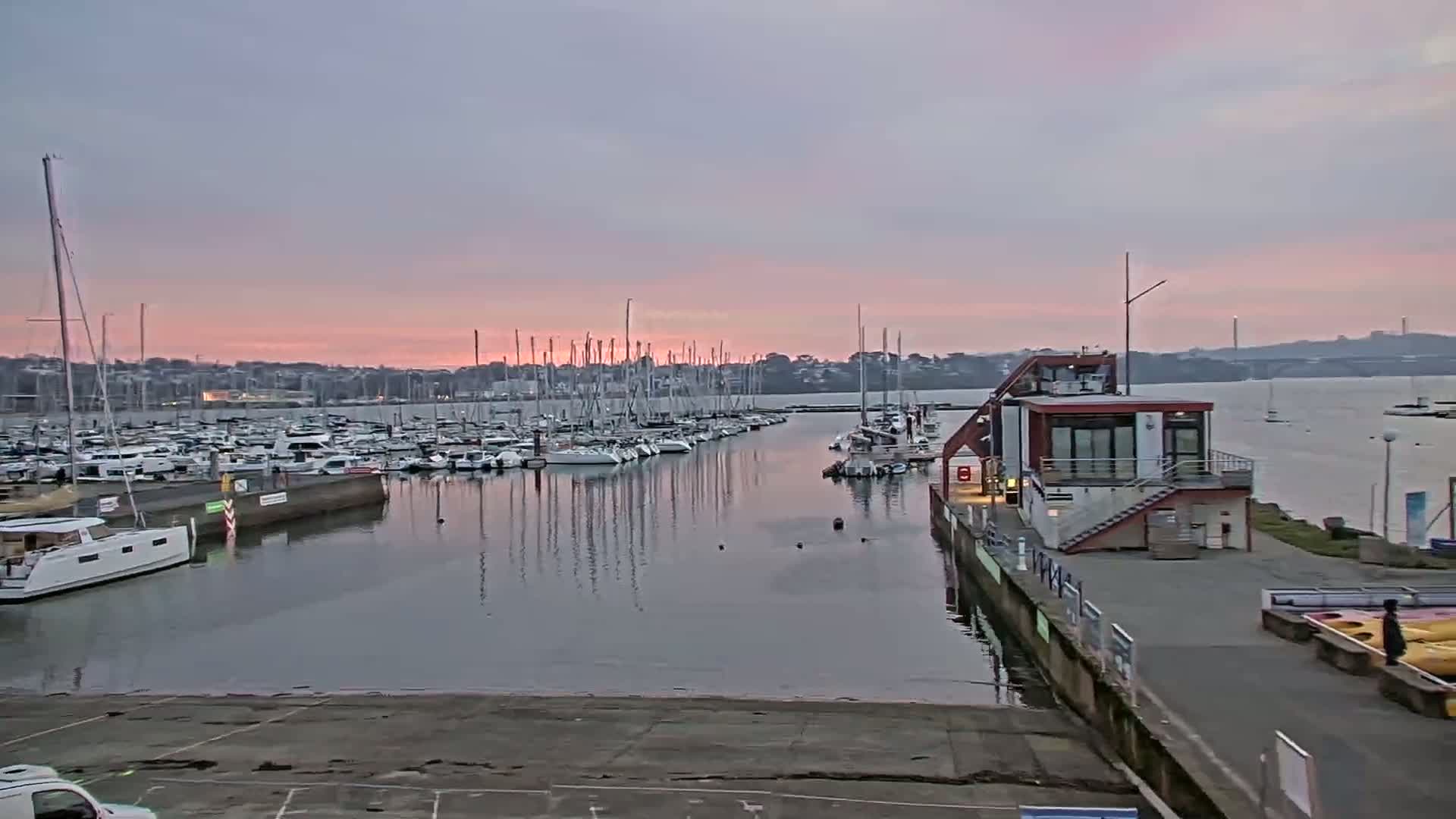 A marina filled with sailboats at sunset under a pale pink sky.
