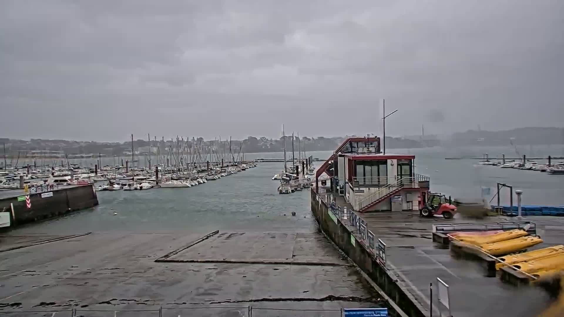 A marina filled with sailboats is seen under an overcast sky, with rain falling and a small building near the foreground.