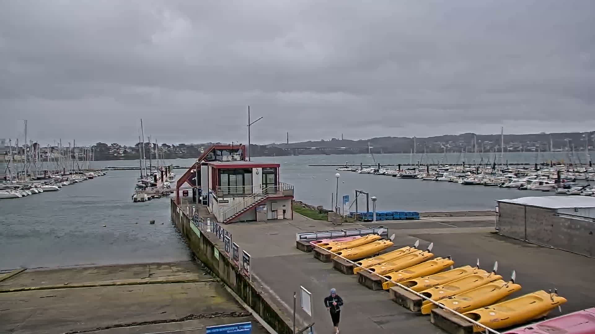 A marina with numerous boats under a cloudy sky, a small building, and kayaks lined up on the shore.