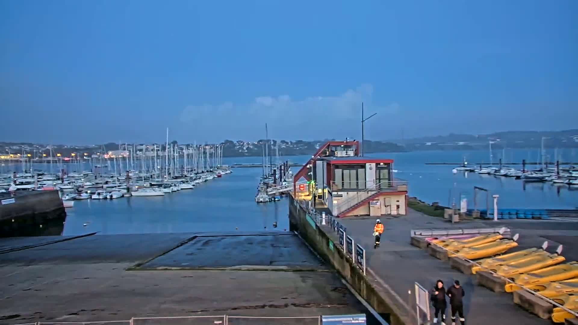 A marina filled with numerous sailboats under a clear twilight sky, with a small building and several kayaks visible on the shore.