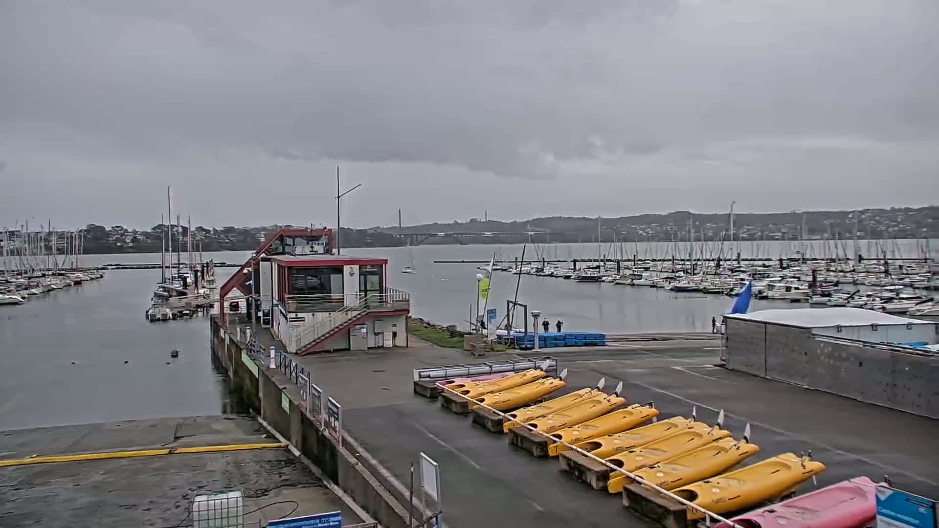 A marina with numerous boats under an overcast sky, featuring a building with kayaks lined up on the dock.