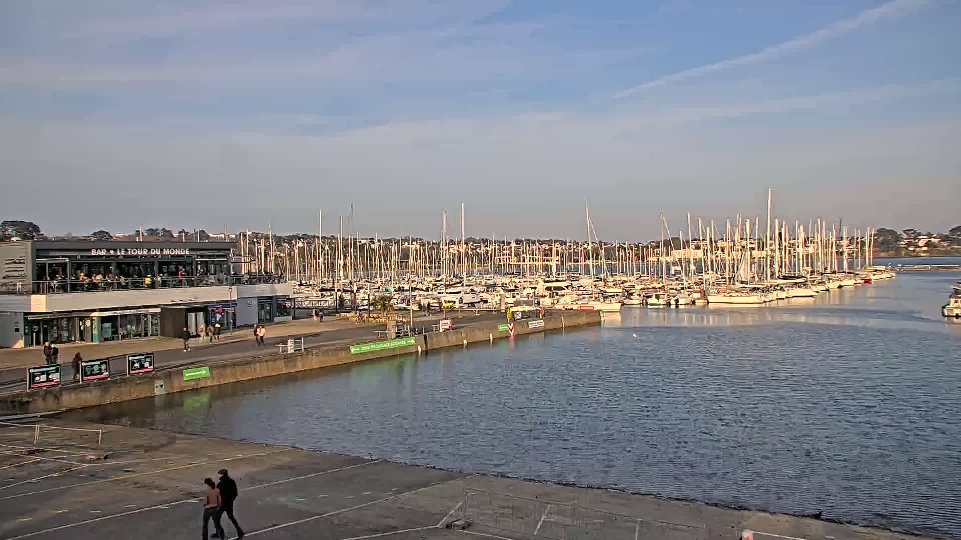 A marina filled with numerous sailboats is seen on a calm, sunny day, with a building and people visible along the waterfront.