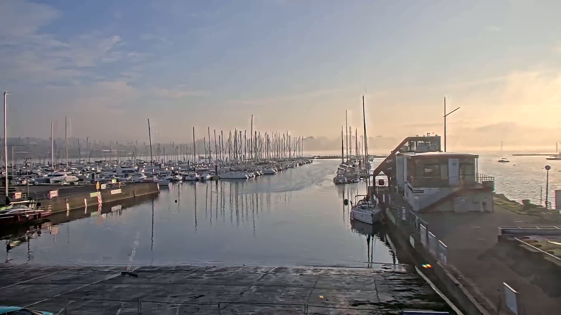 A marina filled with numerous sailboats is seen on a foggy morning under a clear sky.
