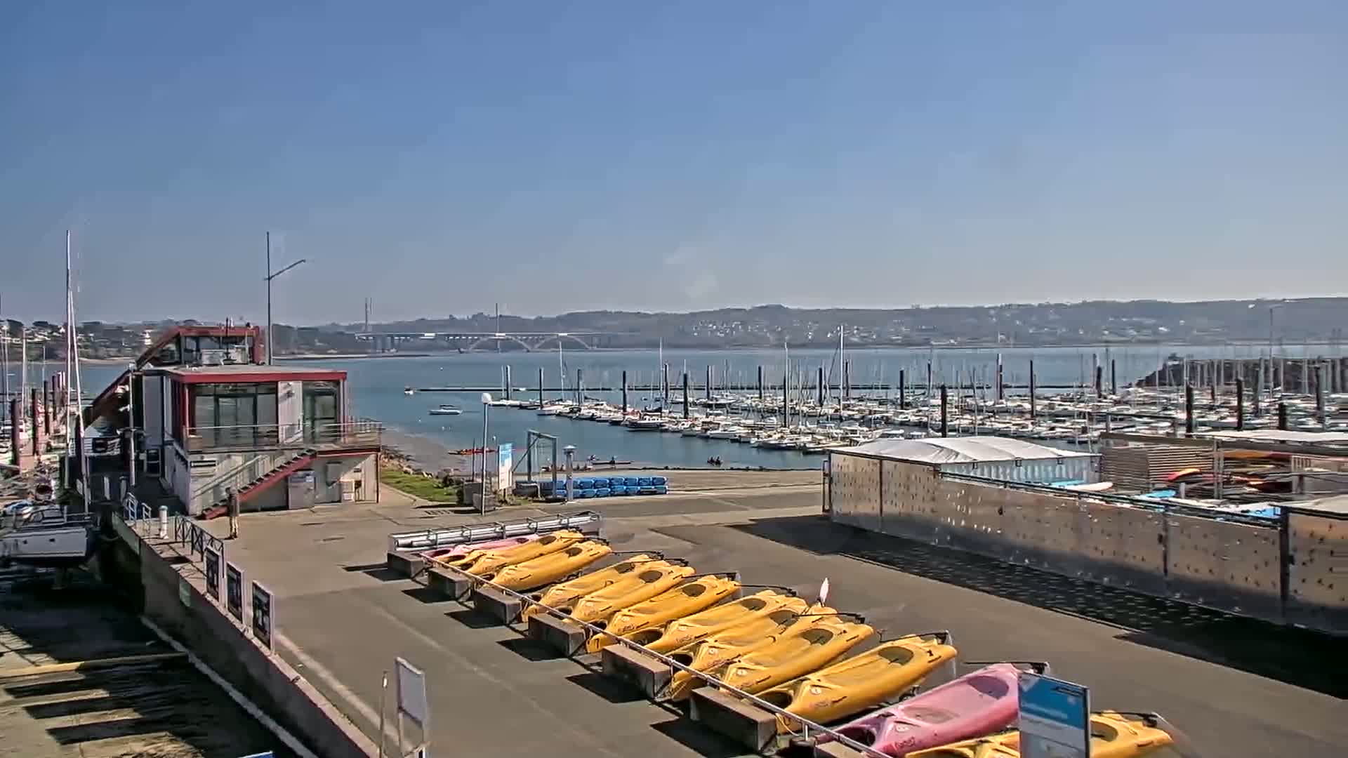A marina with numerous sailboats and a building, under sunny skies, features a row of yellow kayaks lined up near a building.