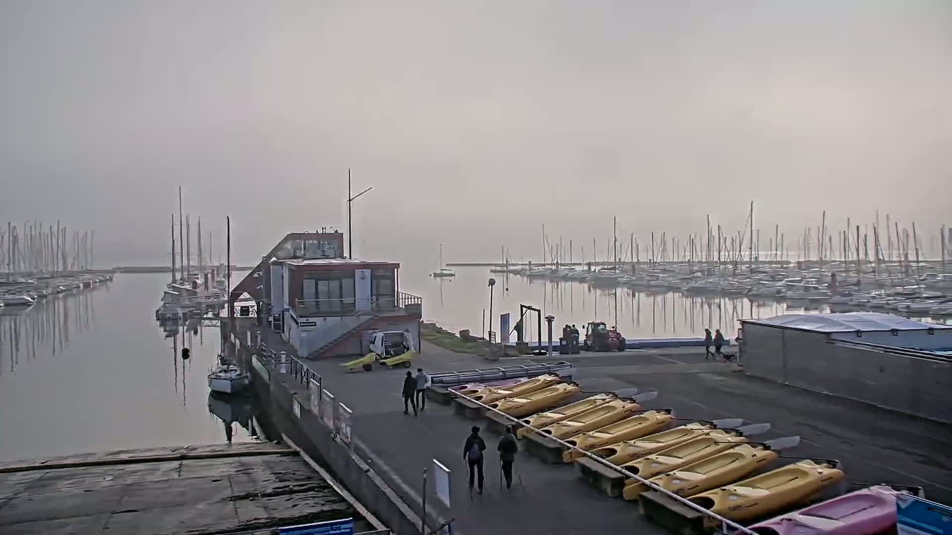 A foggy marina with numerous sailboats docked, a small building, several people walking, and a row of yellow kayaks on trailers.