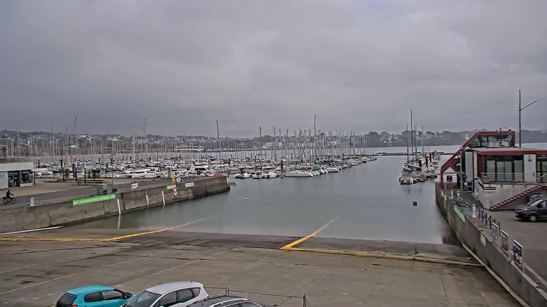 A marina filled with sailboats is seen under an overcast sky, with a paved area and several cars in the foreground.