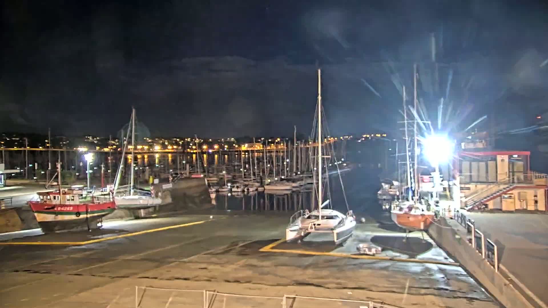 Several boats are docked at a marina at night under a cloudy sky, with a city skyline illuminated in the background.