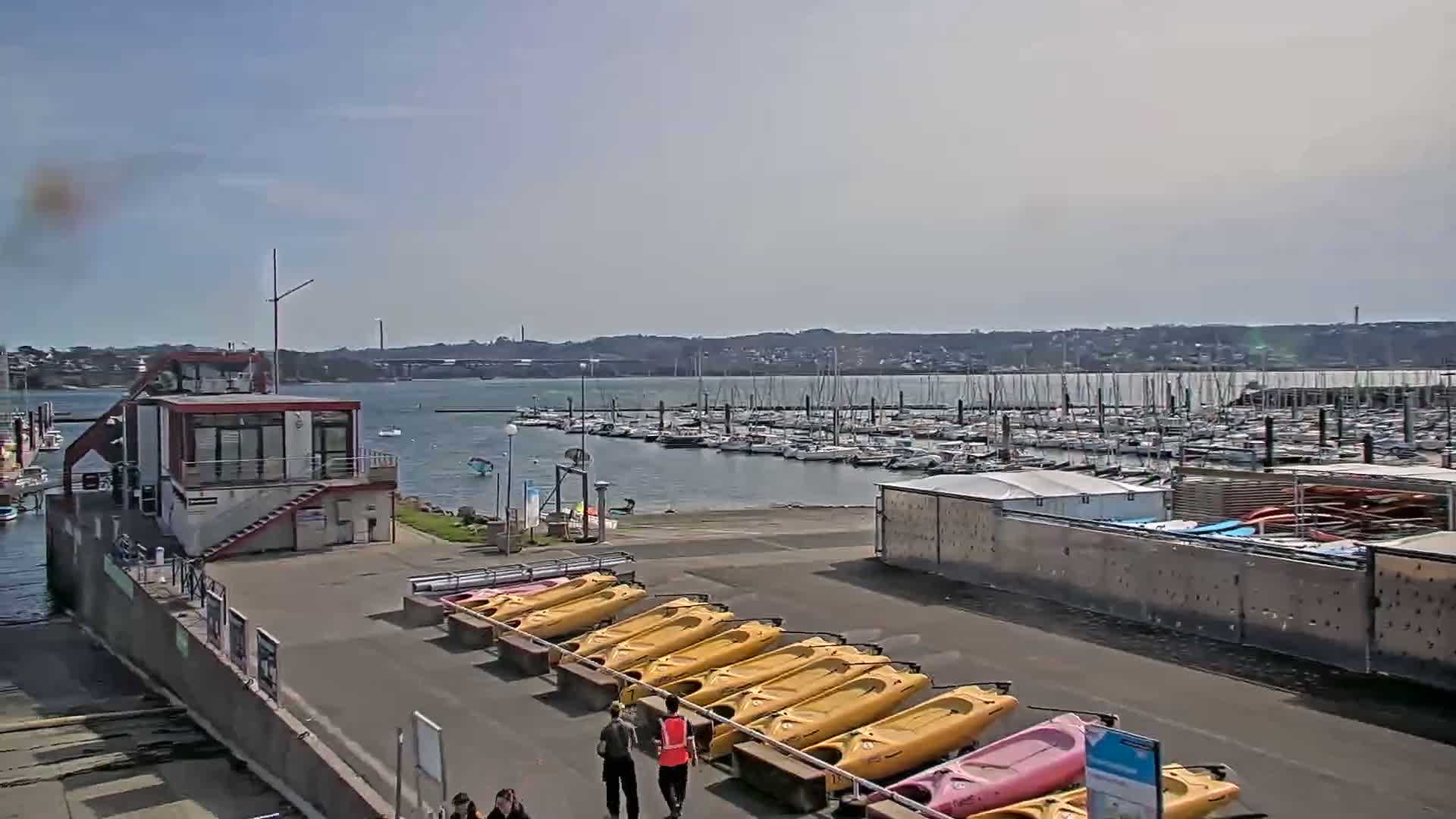 A marina filled with sailboats and motorboats under a sunny sky, with a small building and rows of kayaks on the shore.