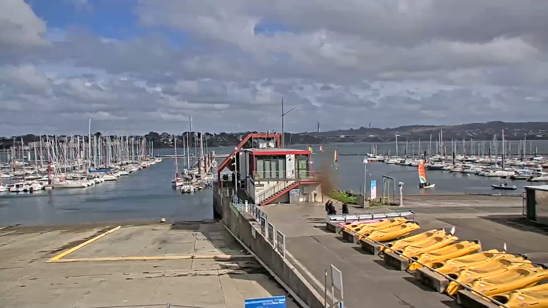 A marina with numerous sailboats docked, under a partly cloudy sky, features a small building and rows of yellow kayaks on the shore.