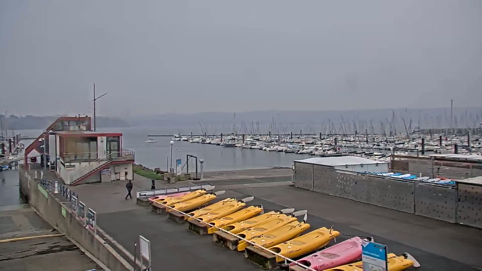 A marina with numerous boats and kayaks is seen on an overcast day.