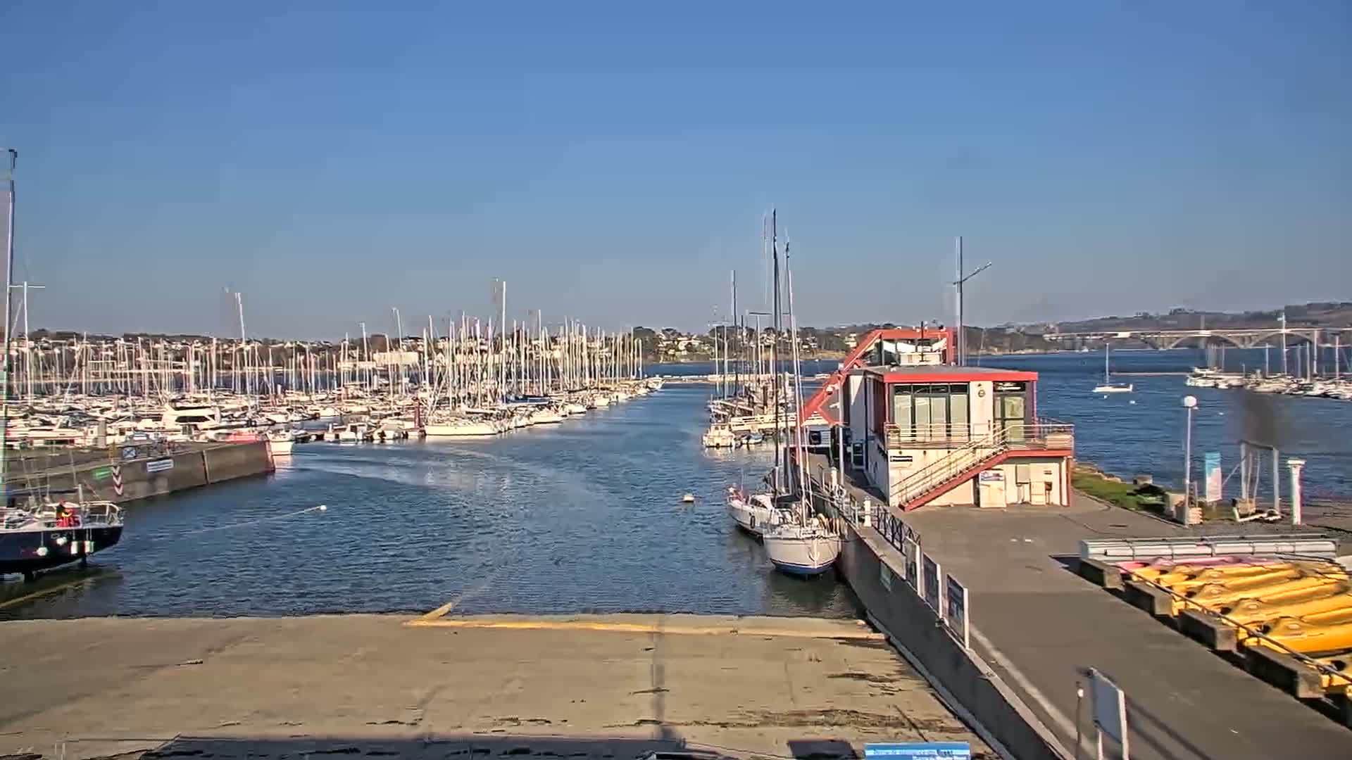 A marina filled with numerous sailboats on a sunny day, with a small building and a boat ramp in the foreground.