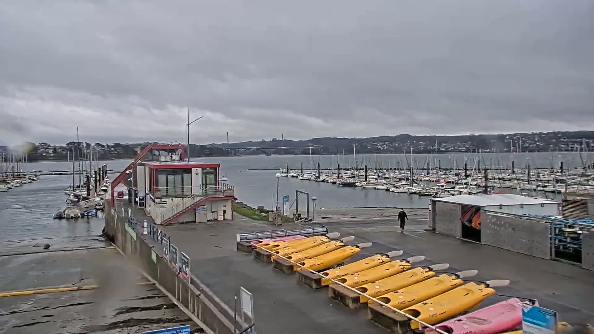 A marina with numerous boats under an overcast sky, featuring a small building and a row of kayaks on the shore.