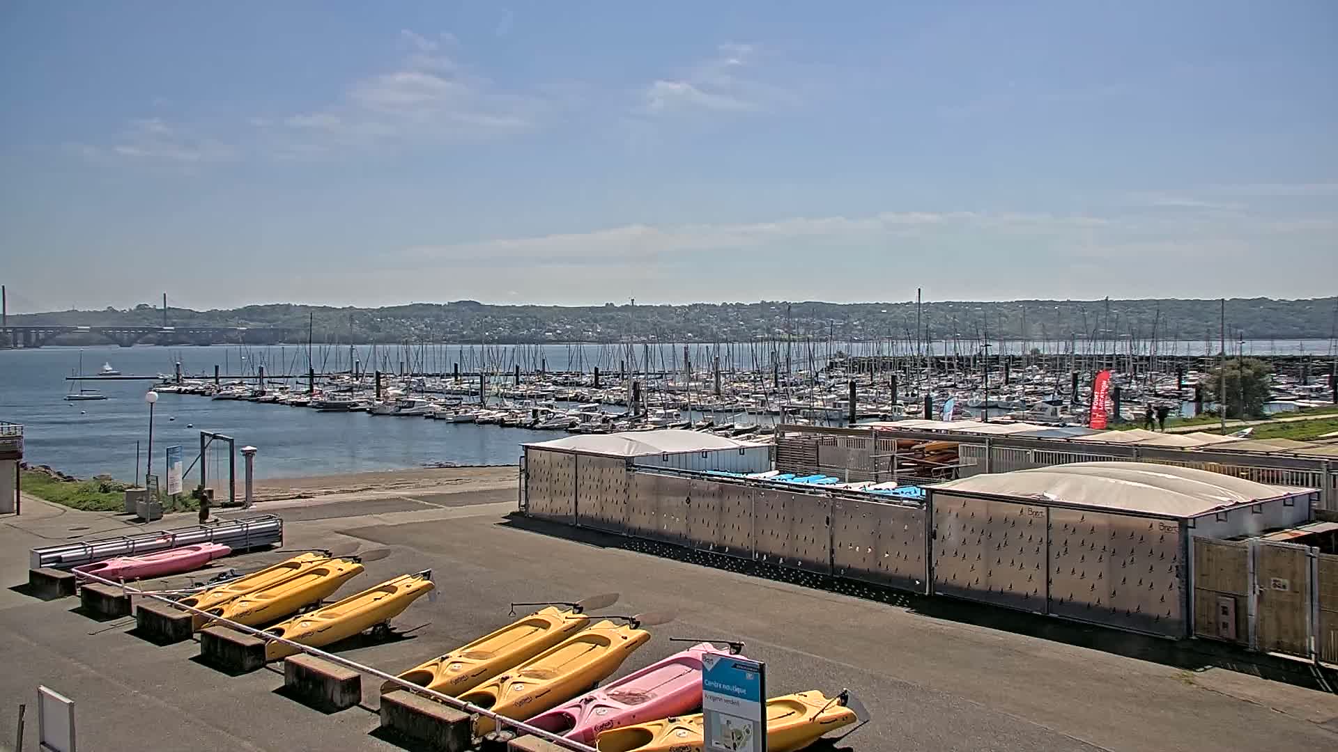 A sunny day shows a marina full of sailboats, with kayaks lined up on the shore in front of storage containers.