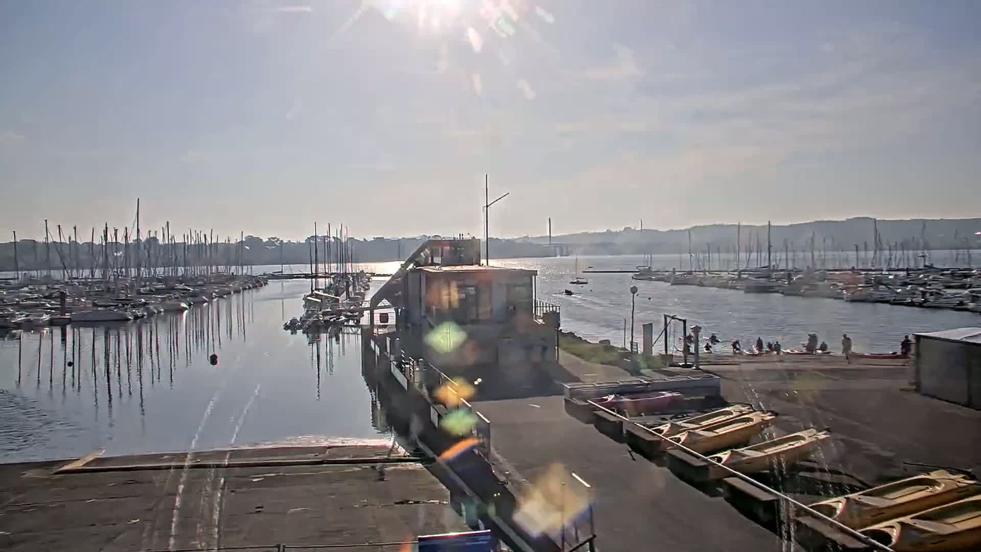 A marina filled with sailboats on a sunny day, with kayaks and other small watercraft stored nearby.
