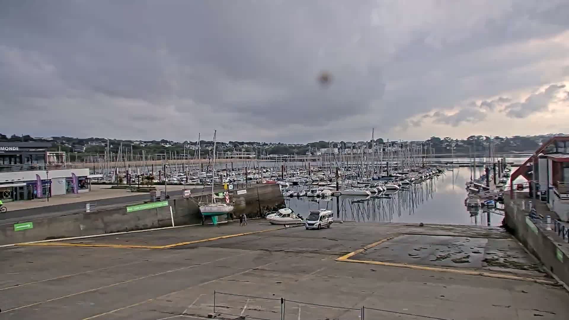 A marina filled with sailboats is viewed from a paved area on an overcast day.