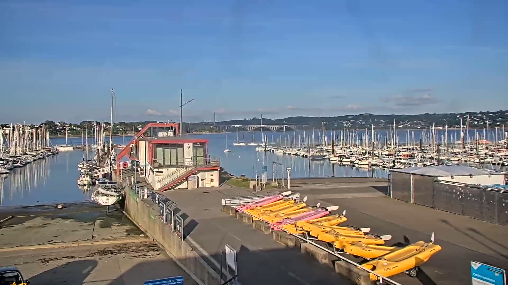 A marina filled with sailboats on a calm, sunny day, with kayaks stored nearby and a small building on the shore.