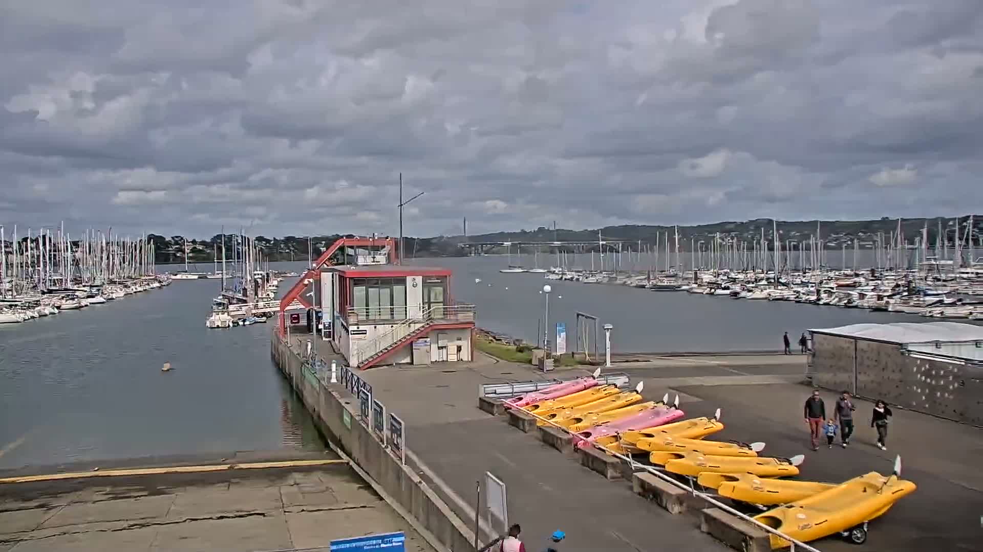 A marina with numerous sailboats and kayaks under a cloudy sky.