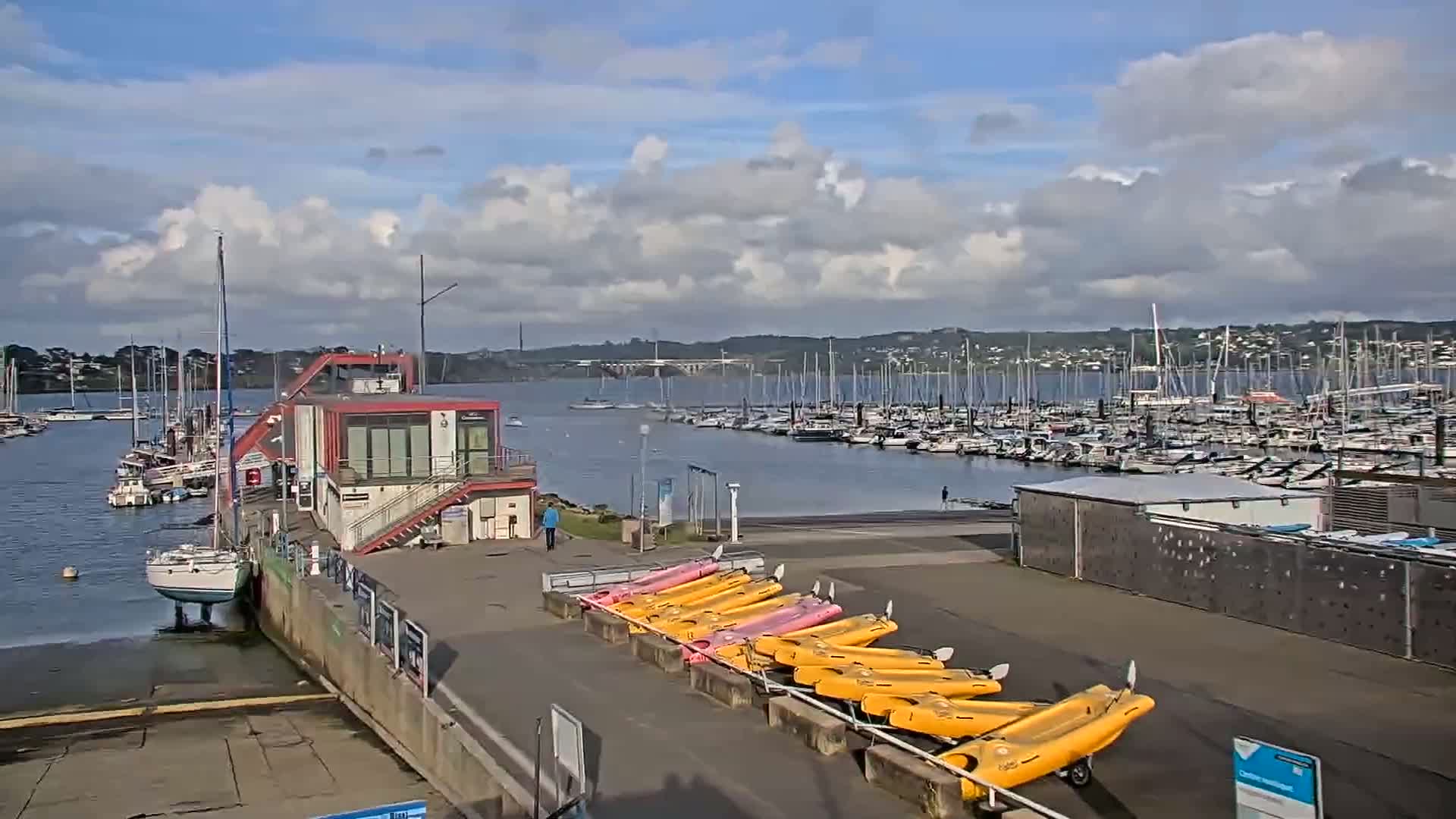 A marina with numerous sailboats and kayaks under a partly cloudy sky.