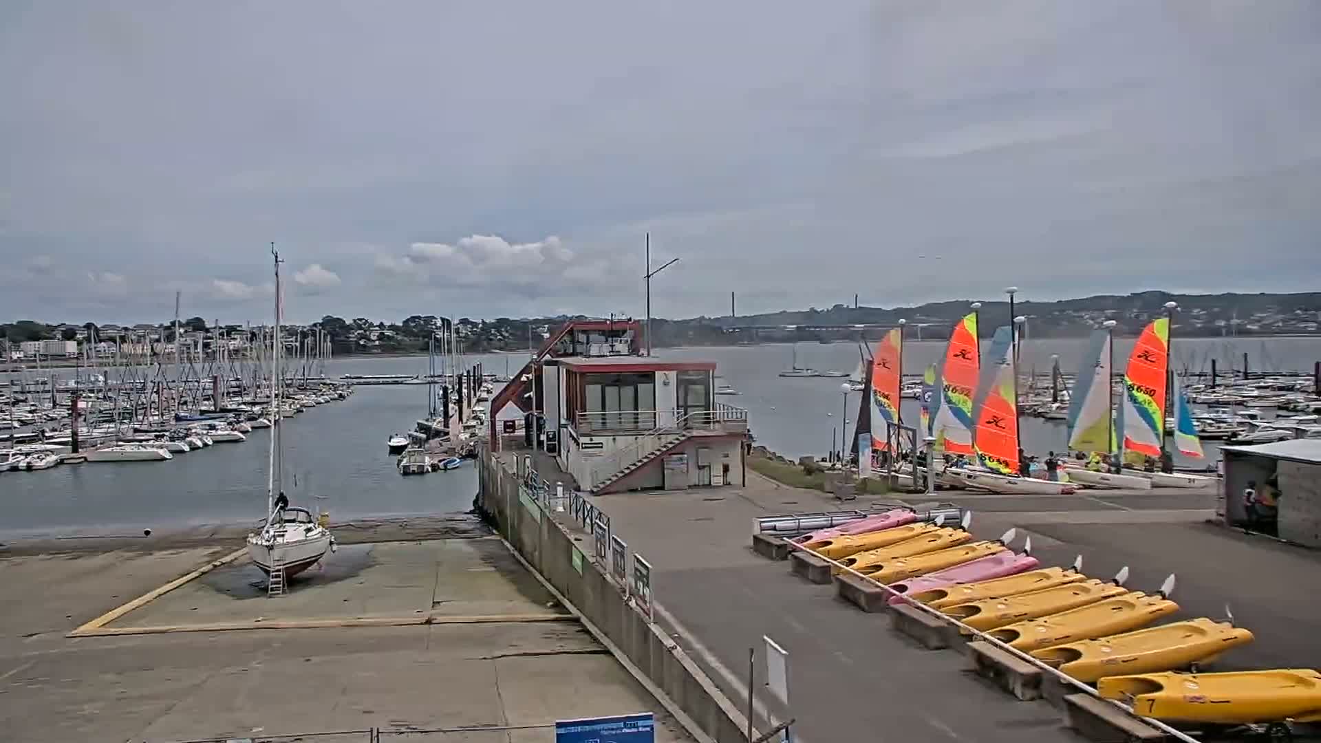 A marina with numerous sailboats and yachts in calm waters under an overcast sky, featuring a small building and rows of kayaks on the shore.