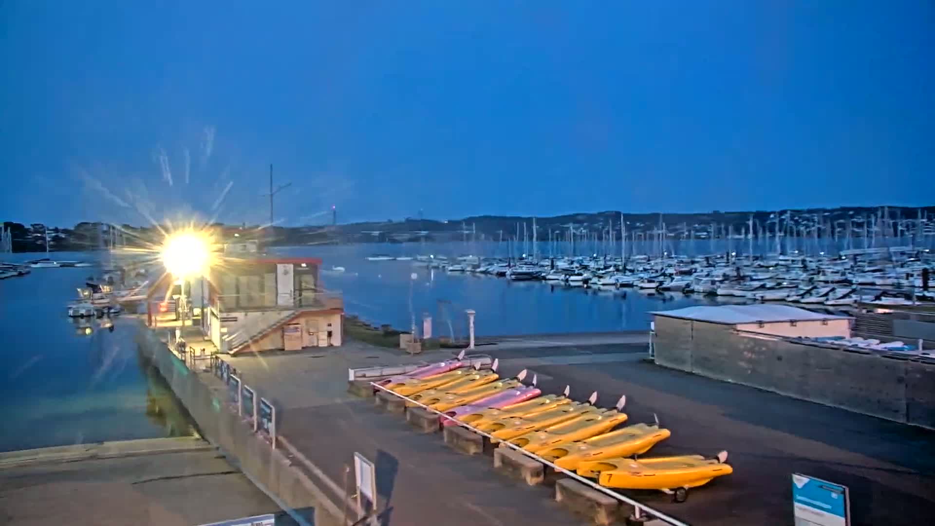 A marina at dusk, with numerous sailboats moored in the water and kayaks lined up on the dock.