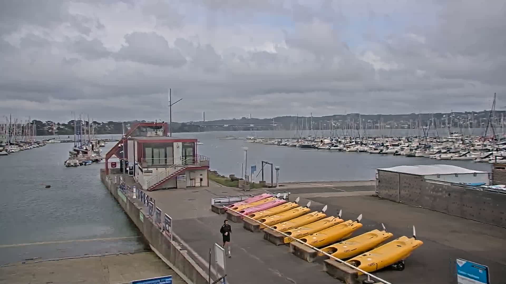A marina with numerous boats moored, under a cloudy sky, features a small building and a person jogging past rows of kayaks.