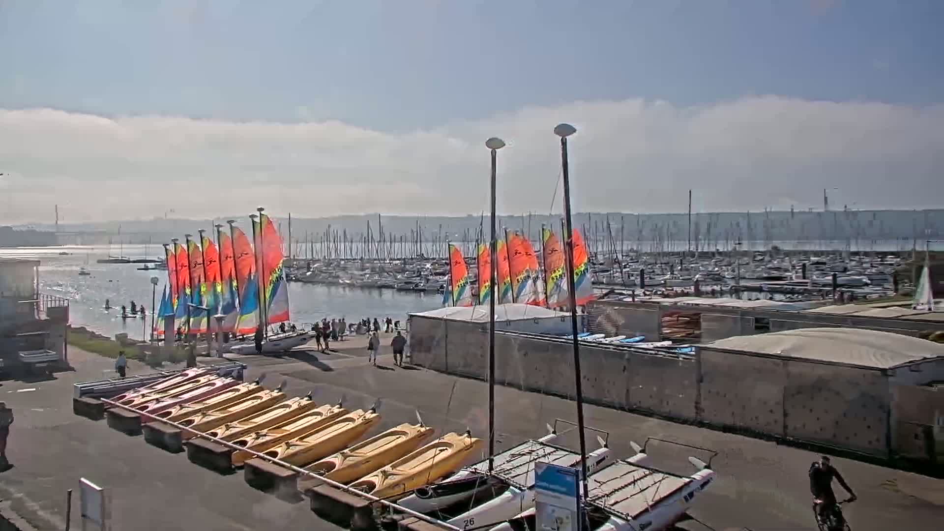 A sunny day at a marina shows numerous sailboats moored in the water, with kayaks and catamarans lined up on the shore next to a group of people.