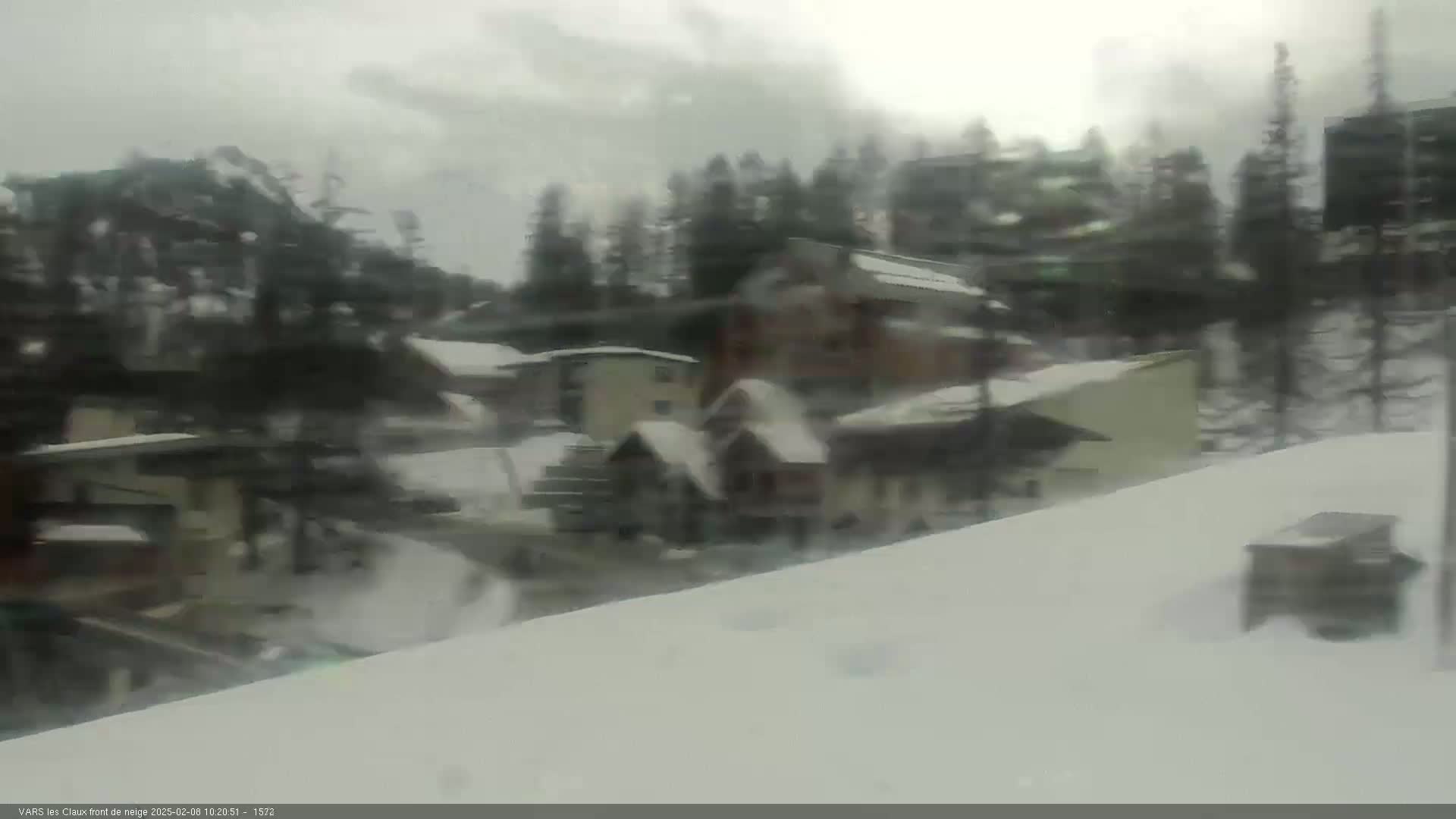 A snow-covered village nestled among evergreen trees under an overcast sky.