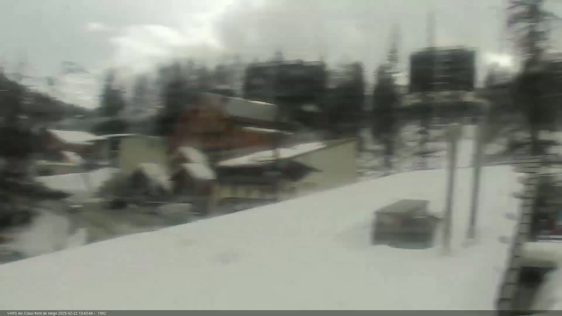 A blurry view of snow-covered buildings and trees in overcast weather.