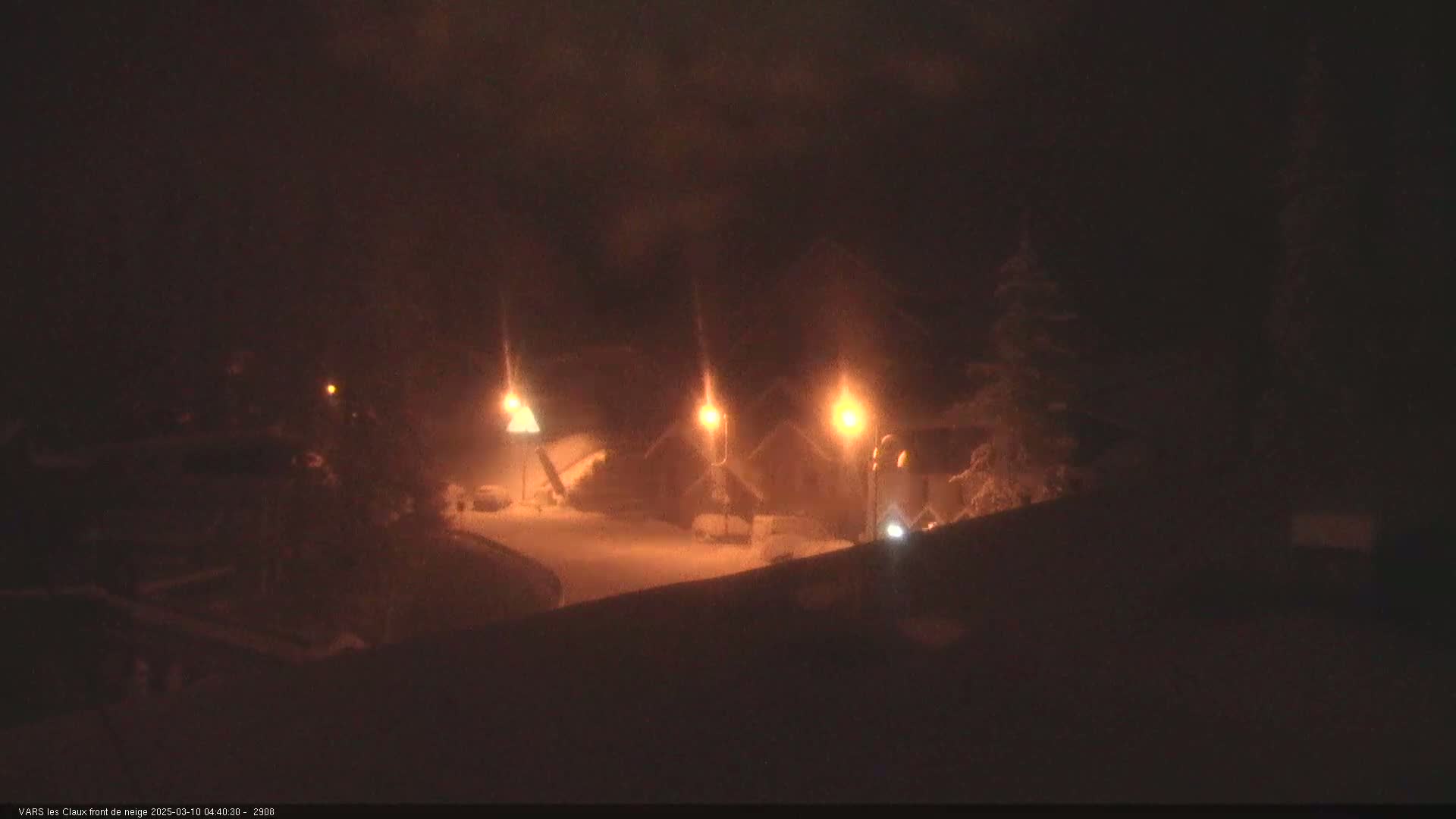 A nighttime snow scene shows several illuminated buildings partially obscured by falling snow.