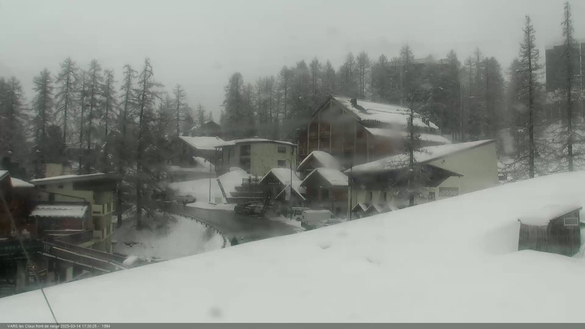 A snow-covered village with several buildings nestled among evergreen trees during a heavy snowfall.
