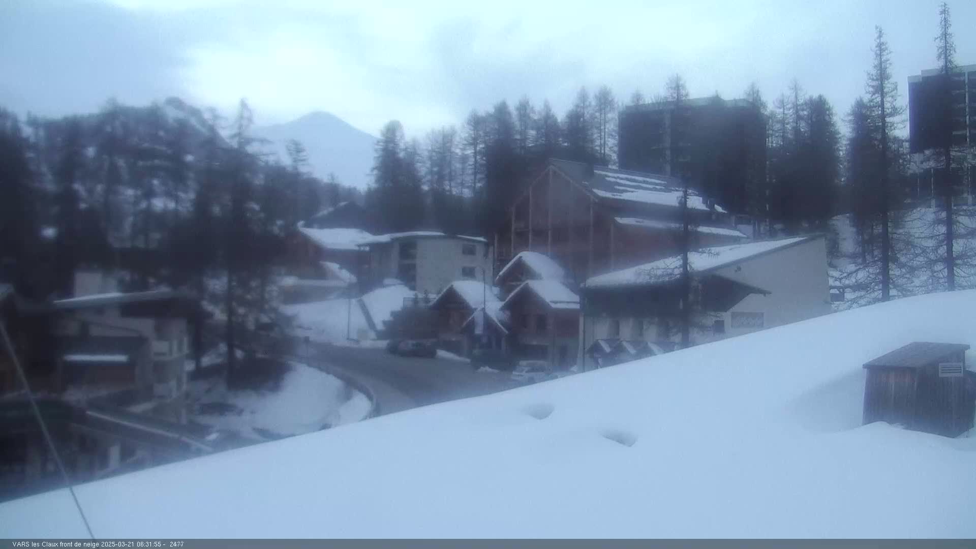 A snow-covered village nestled among pine trees on a cloudy day, with a mountain visible in the distance.