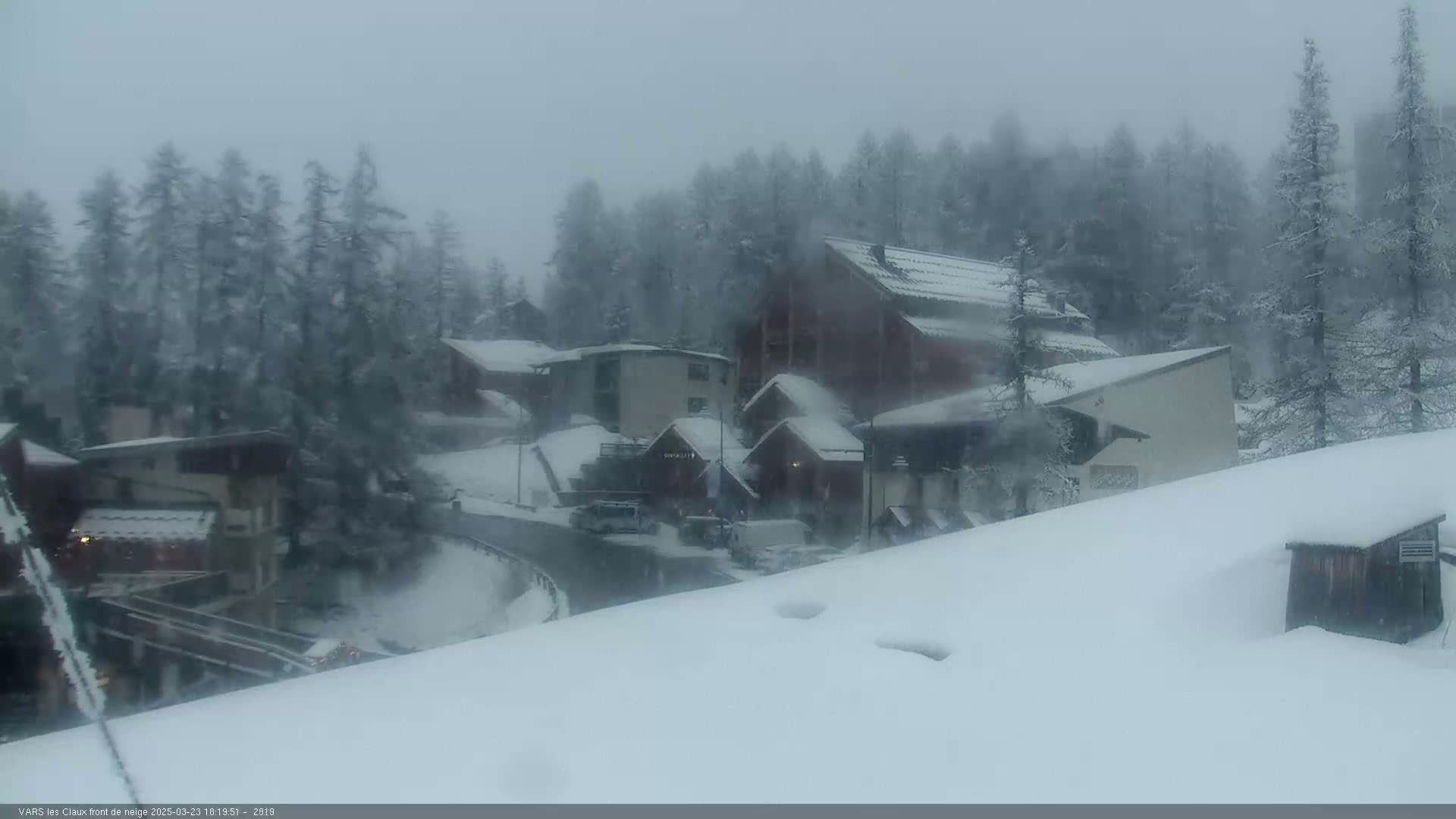 A snow-covered village nestled among snow-laden pine trees in heavy snowfall.