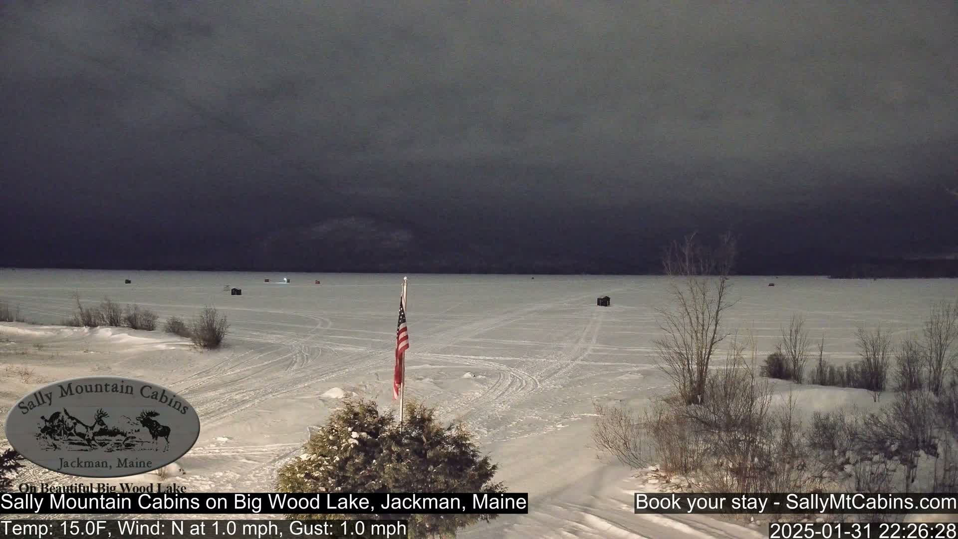 A frozen lake under a dark, overcast sky is seen from a snowy shoreline, with a small American flag standing in the foreground.
