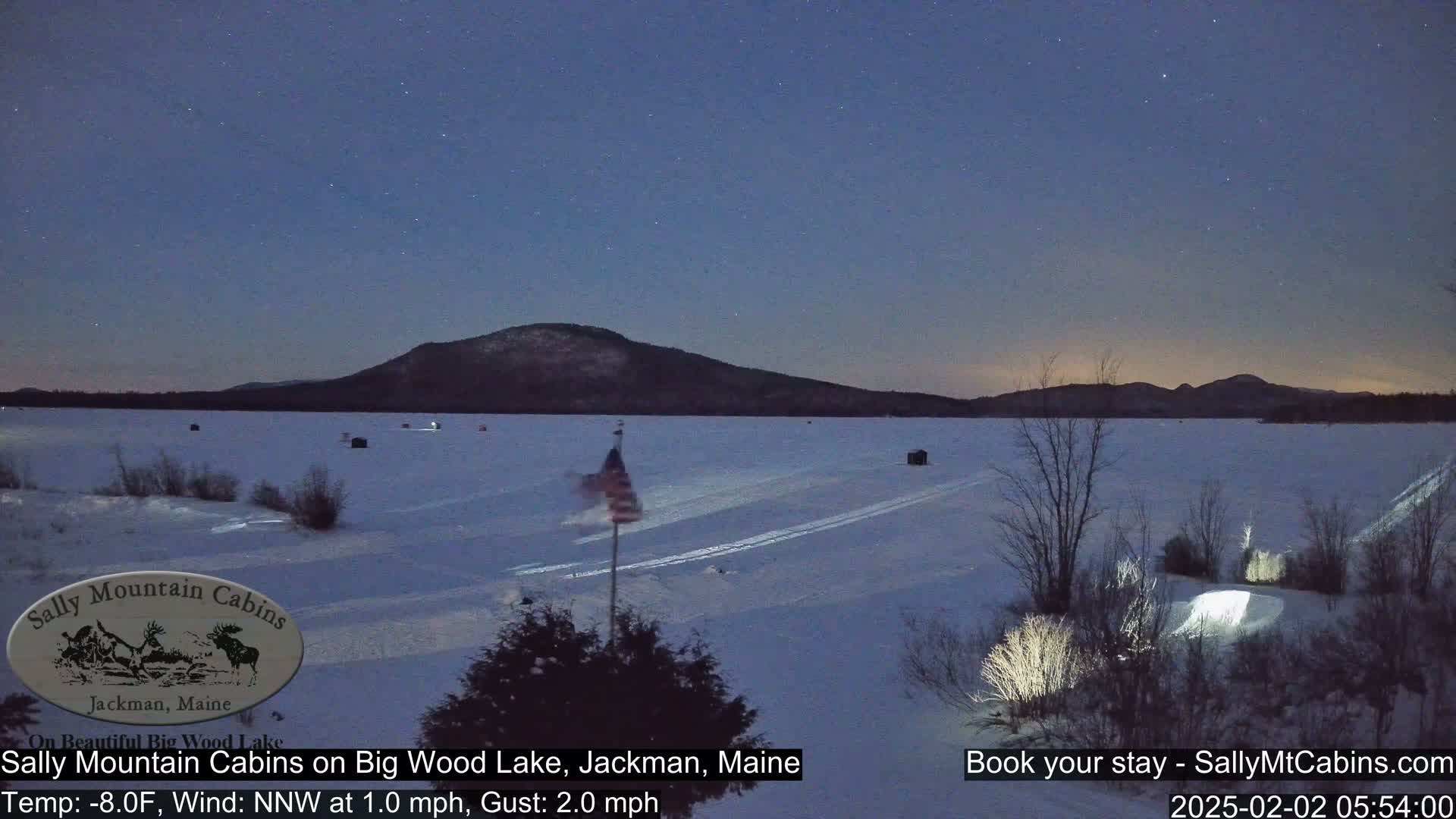A frozen lake at night under a starry sky, with snow-covered land, some ice fishing shacks, and a small American flag.