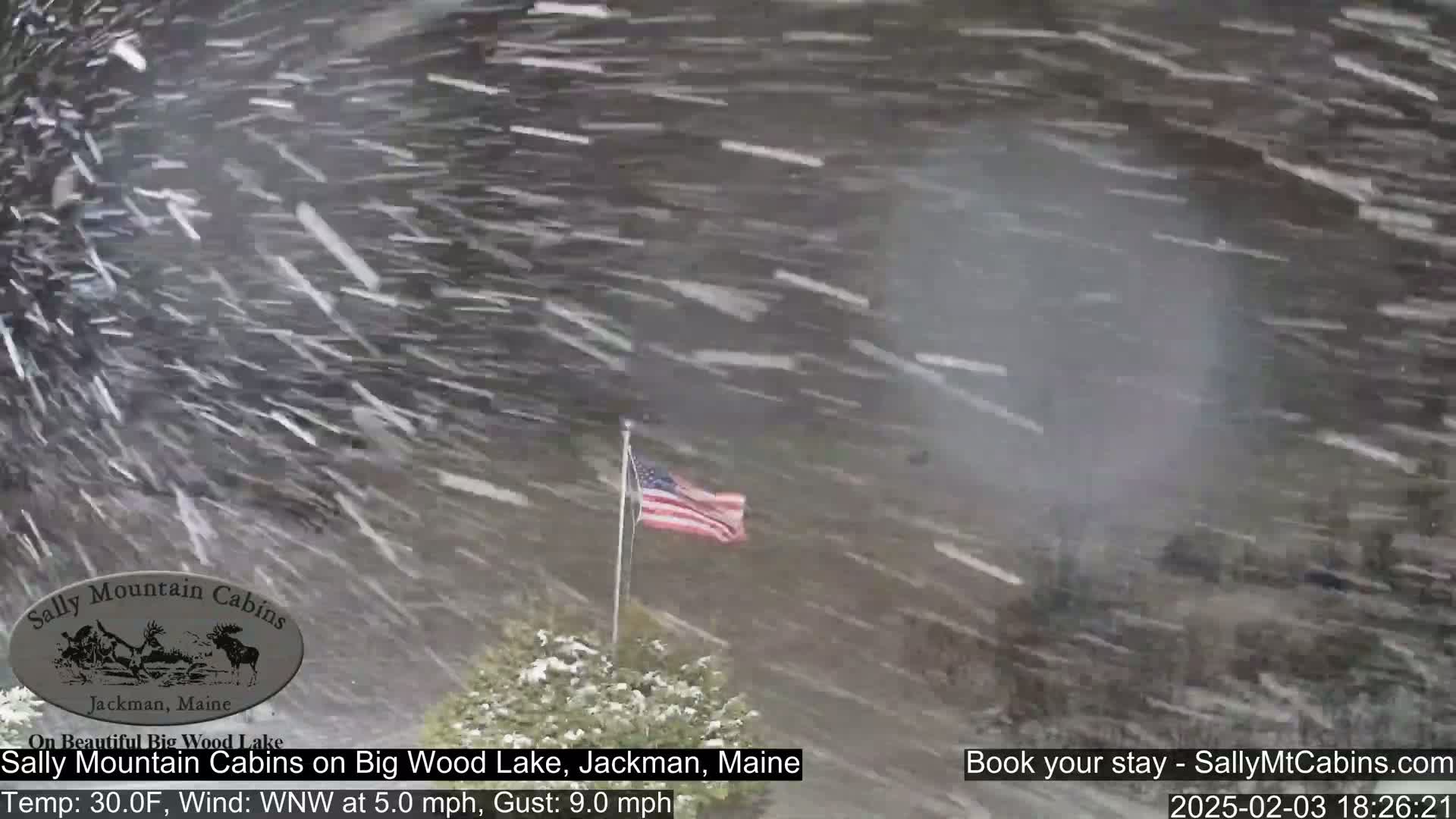 An American flag is visible in heavy snowfall with a strong wind.