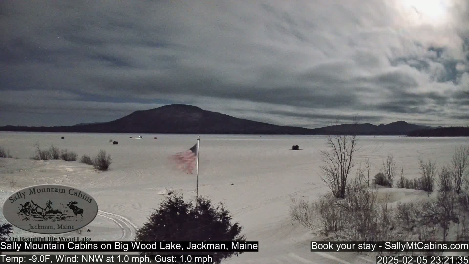 A frozen lake under a mostly cloudy night sky, with a few ice fishing shacks visible, a flagpole with an American flag, and bare trees along the shoreline.