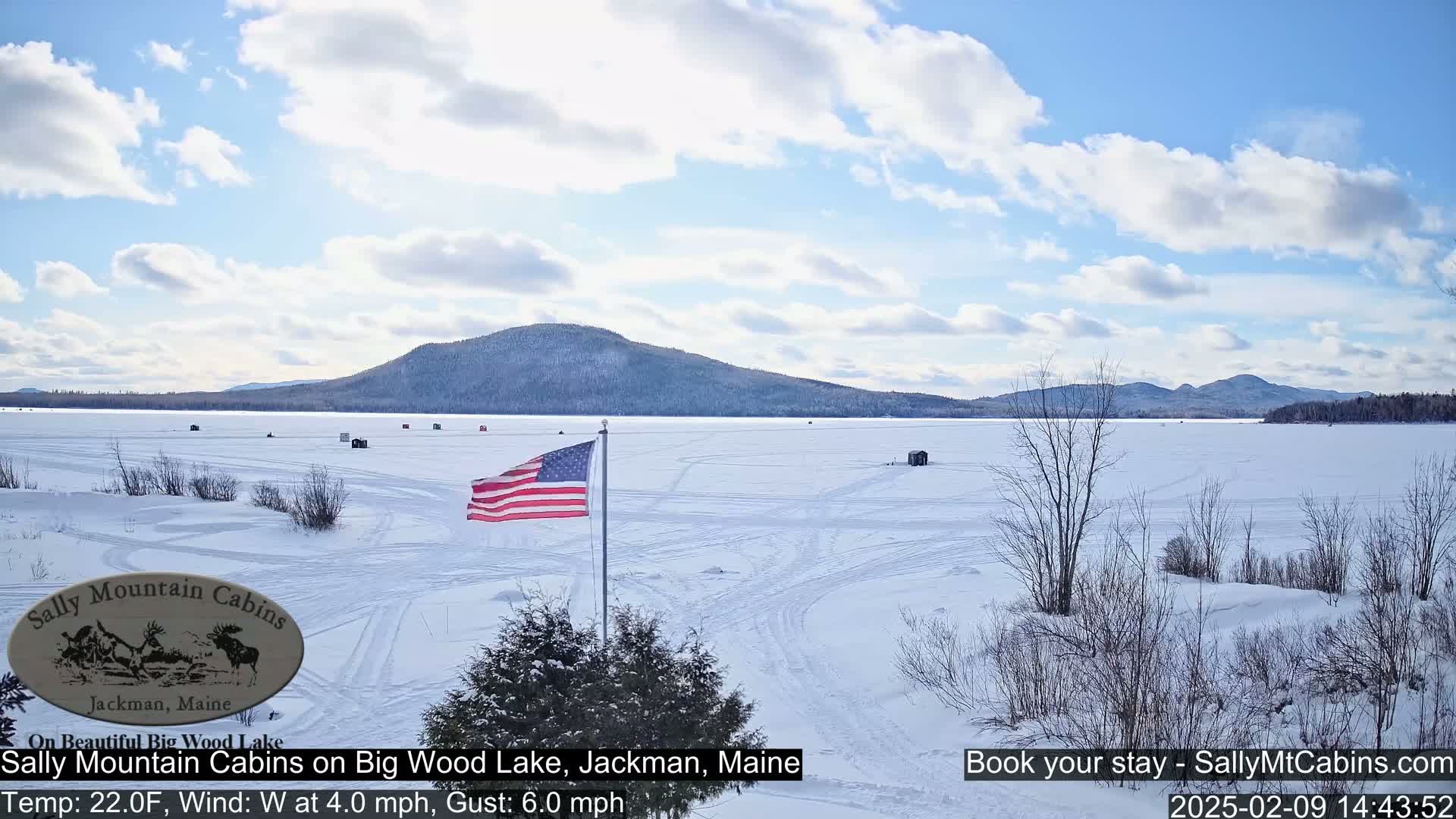 A frozen lake stretches to snow-covered mountains under a partly cloudy sky, with an American flag in the foreground and several small ice fishing shelters scattered across the ice.