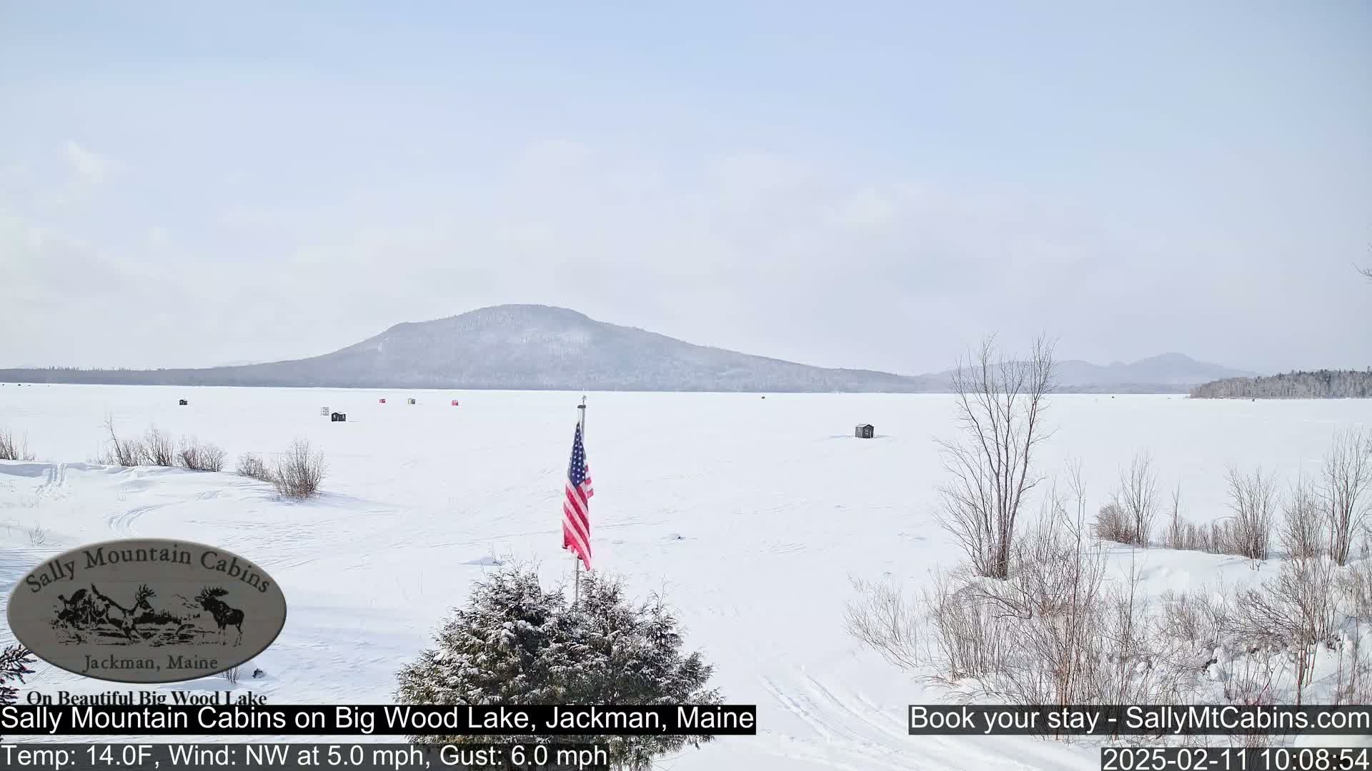 A snow-covered frozen lake stretches to a distant, tree-covered mountain range under a pale blue sky.