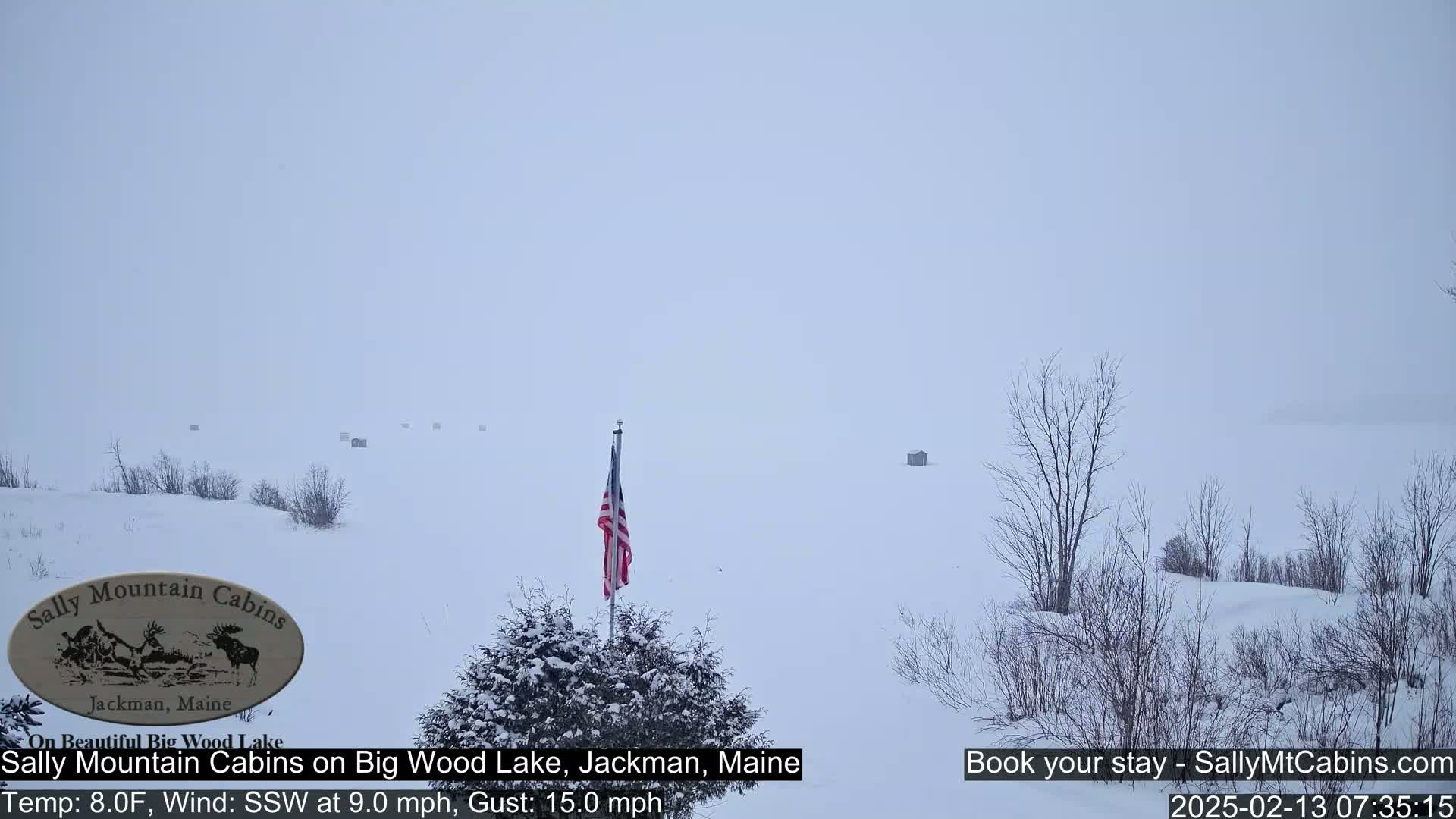 A snow-covered landscape with a few small structures in the distance, an American flag on a pole, and bare trees under an overcast sky.
