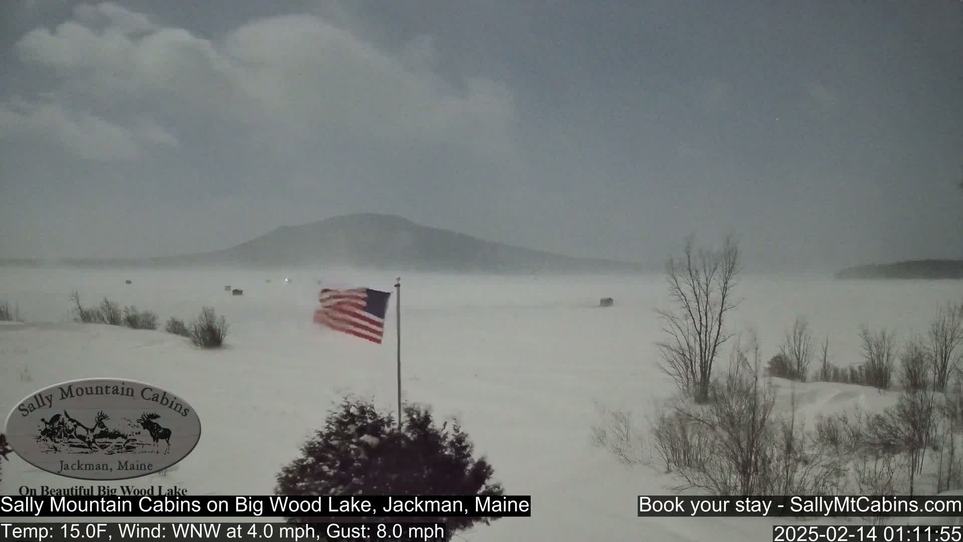 A snow-covered landscape with a partially obscured lake and distant mountains is viewed from a lakeside location under heavy snowfall and windy conditions.
