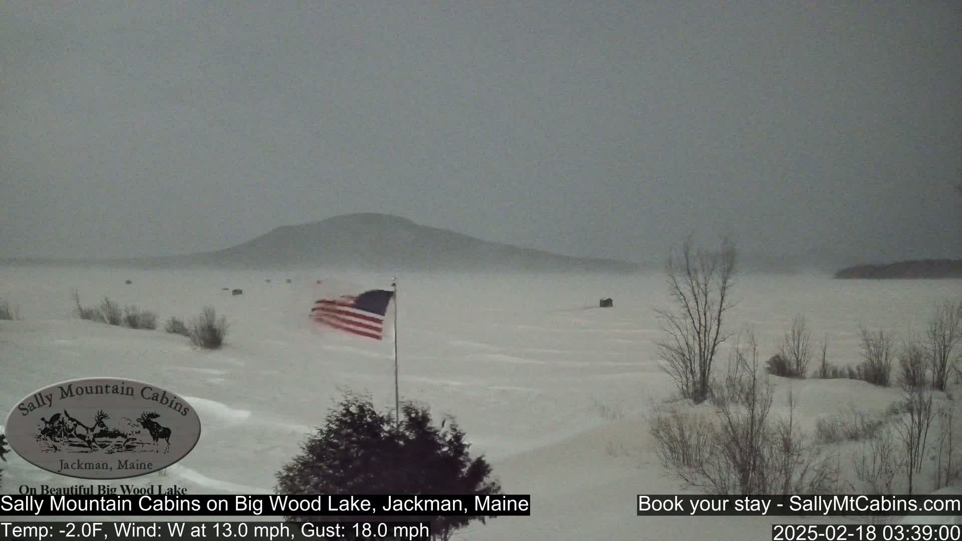 A snow-covered landscape with a partly frozen lake and a waving American flag in the midst of a blizzard.