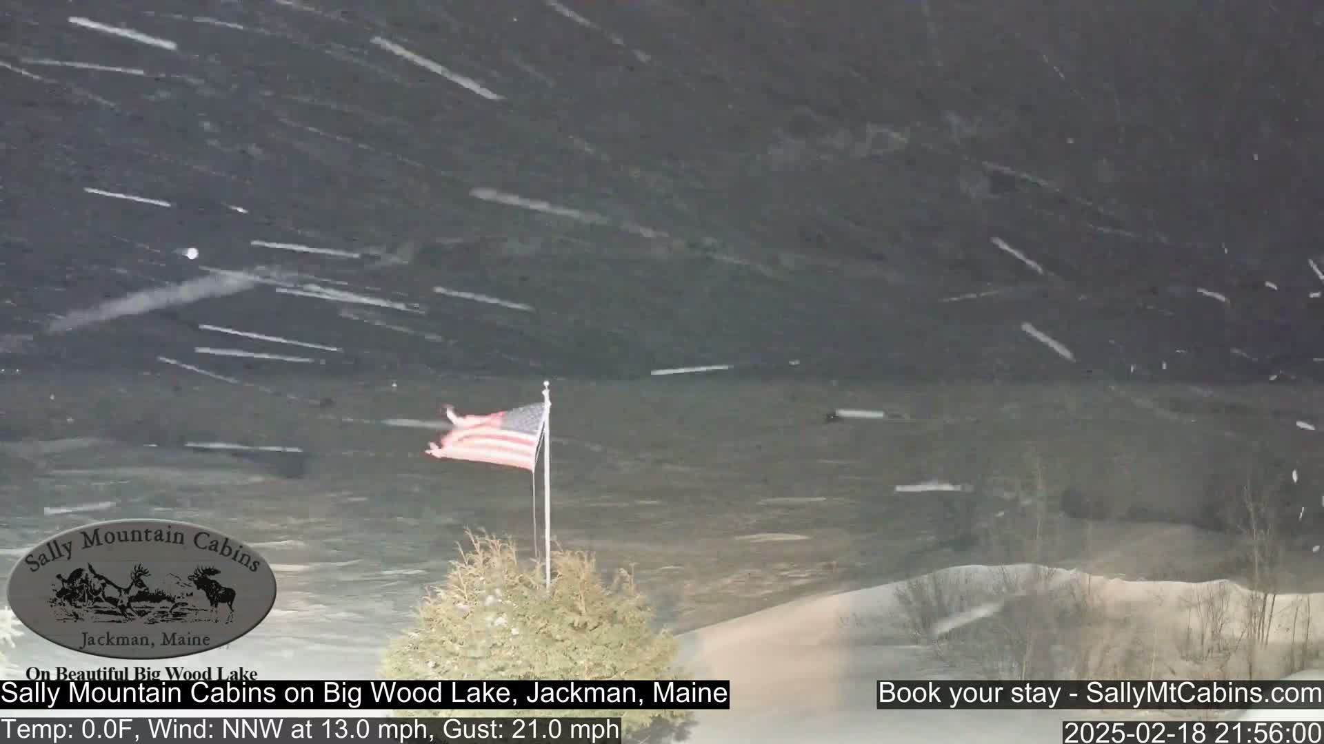 An American flag waves in a blizzard near a body of water.