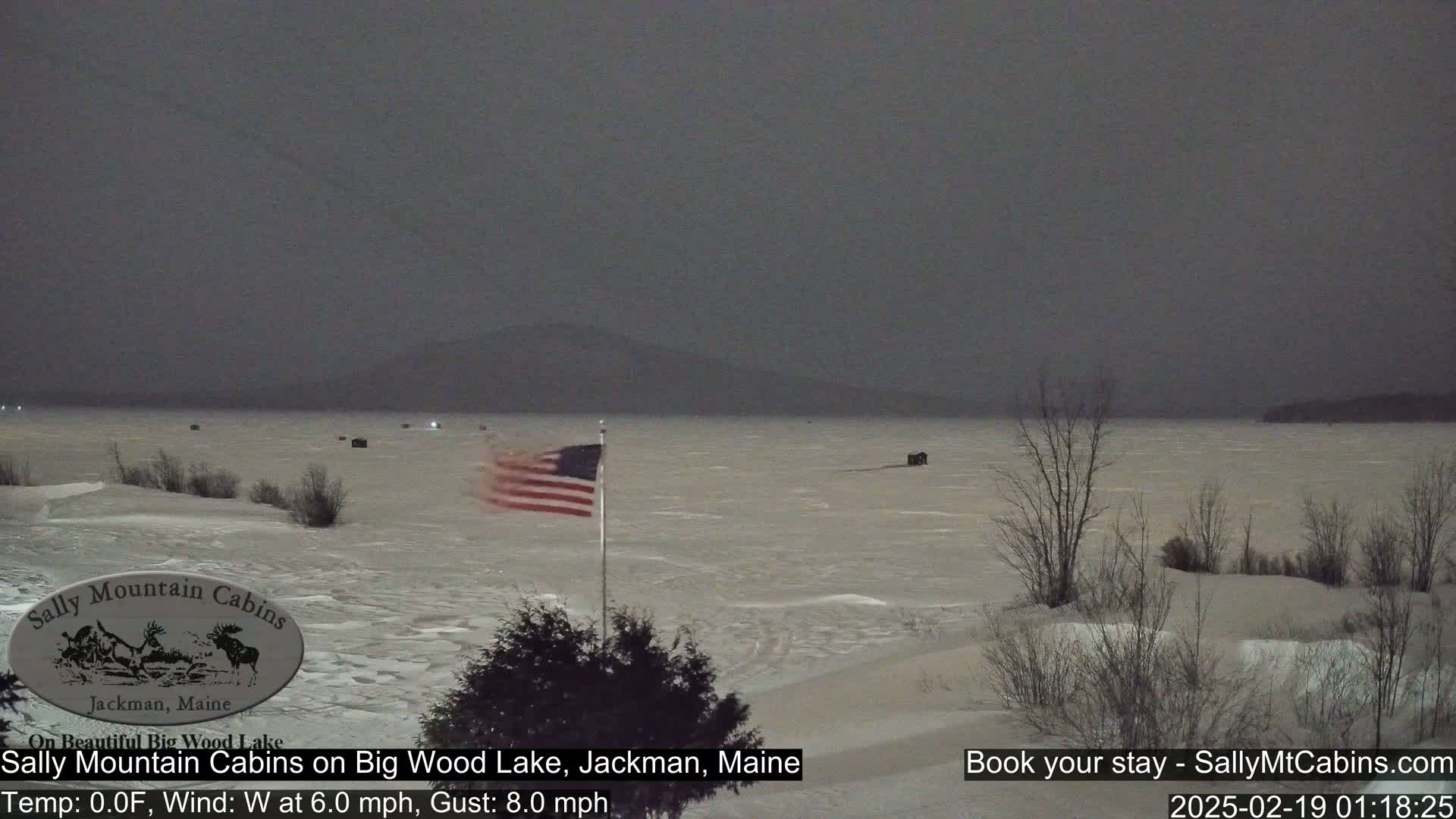 A frozen lake under an overcast sky at night is visible, with a small American flag planted near the shoreline and some sparse trees and small structures in the distance.