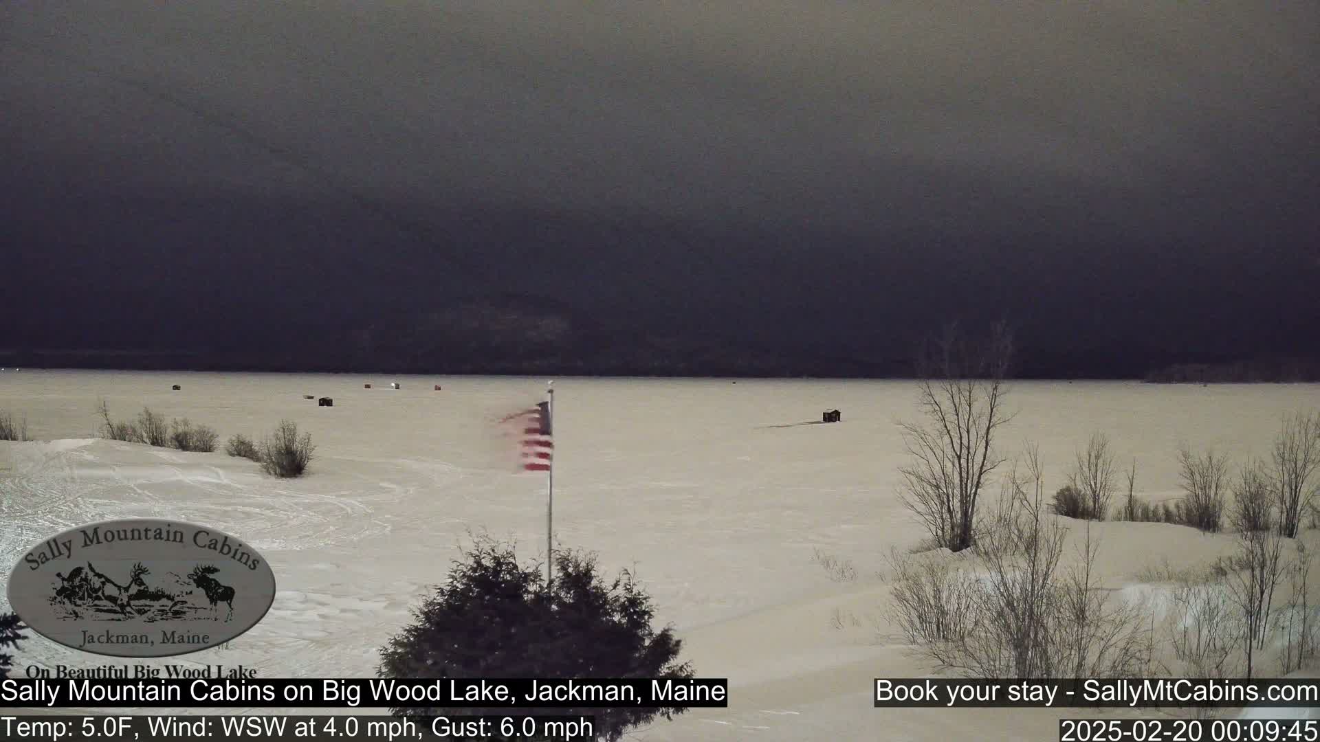 A frozen lake under a dark, overcast sky, with a few ice fishing shelters visible and a small American flag waving in the wind.